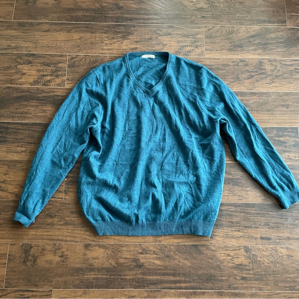 WOOLOVERS Men's Size XXL teal Knit Merino Cashmere Blend V-Neck Pullover Sweater